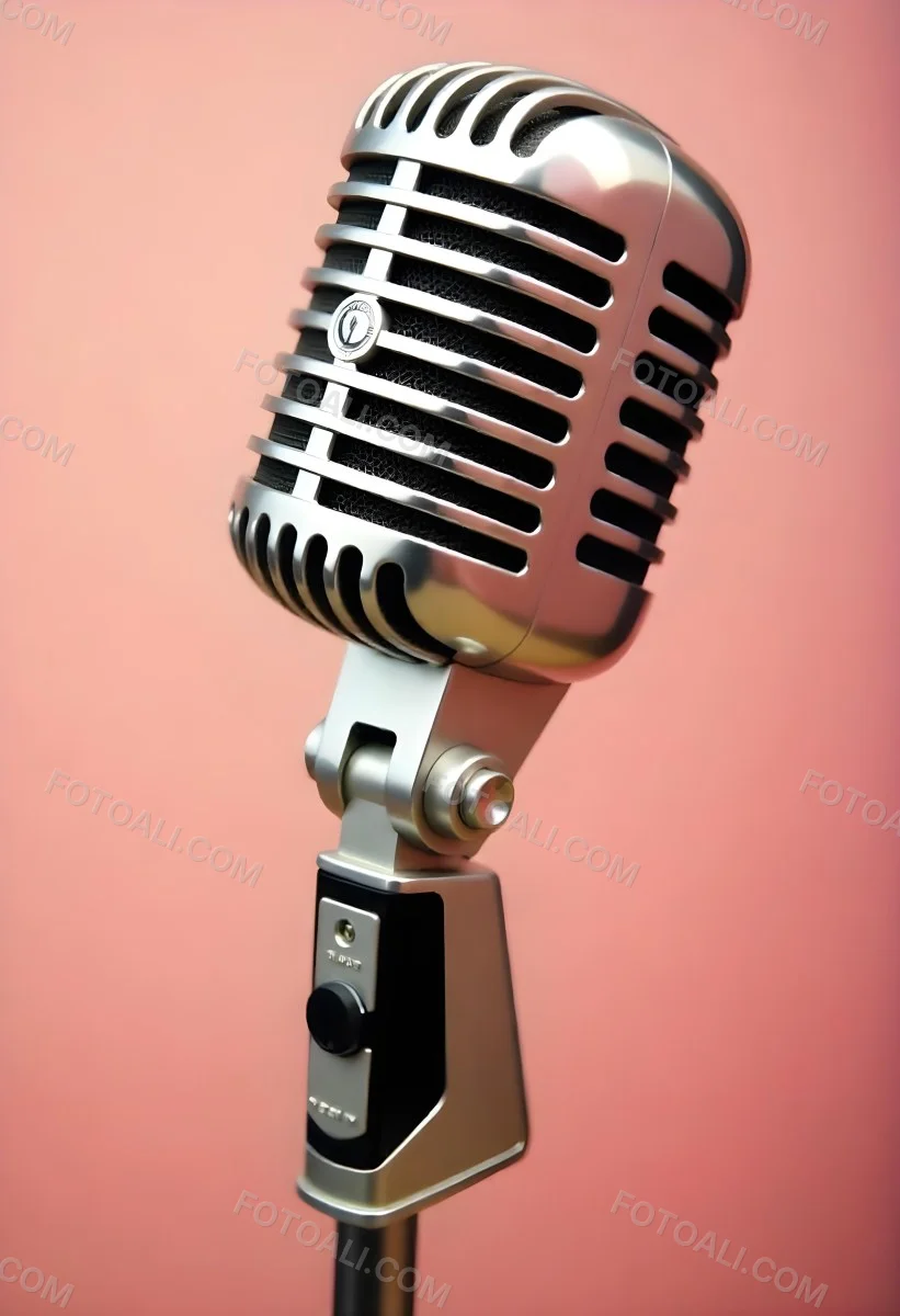 A Vintage Microphone With A Silver Finish Showcasing Its Classic Design And Intricate Details Set Against A Soft Pink Background 31 3451