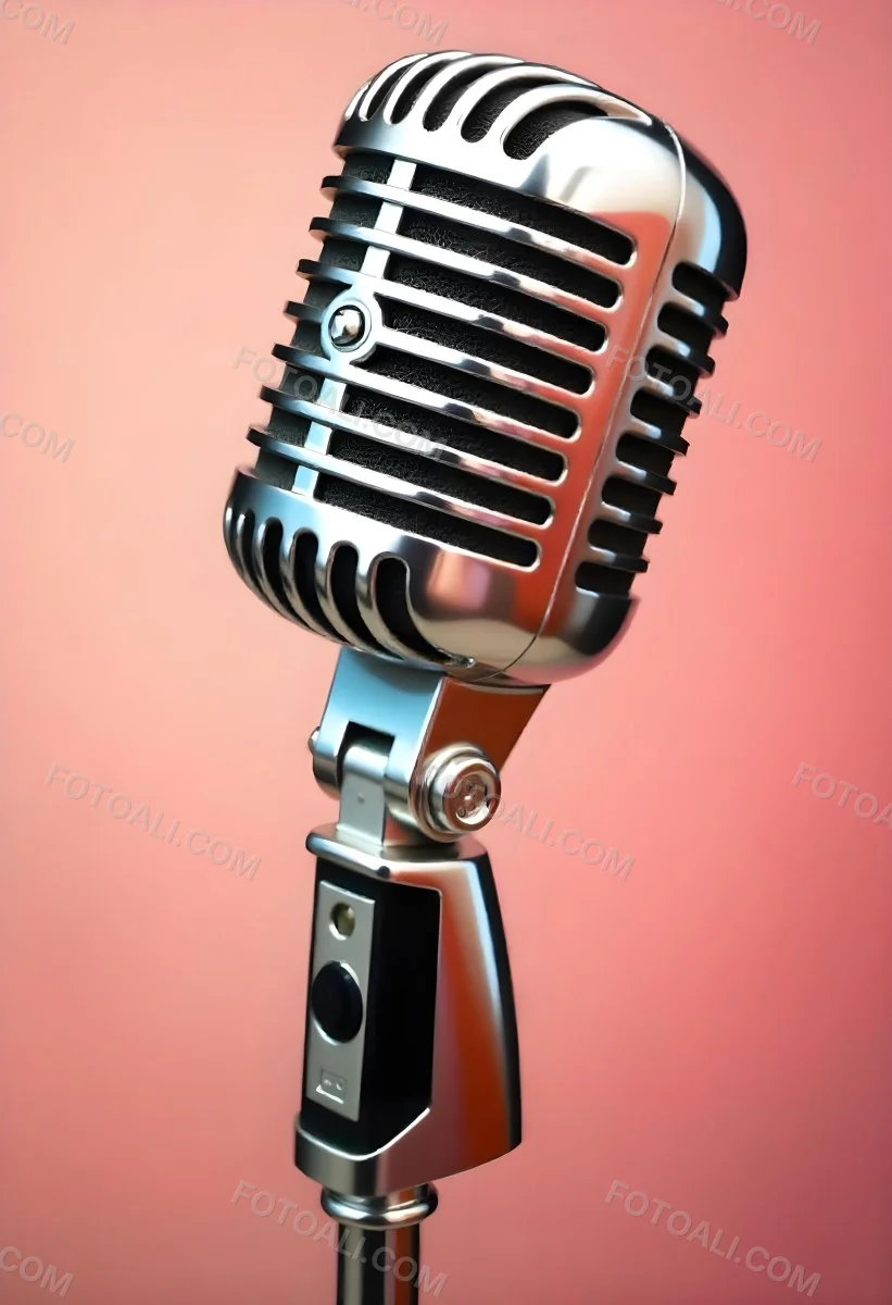 A Vintage Microphone With A Silver Finish Showcasing Its Classic Design And Intricate Details Set Against A Soft Pink Background 35 C27d