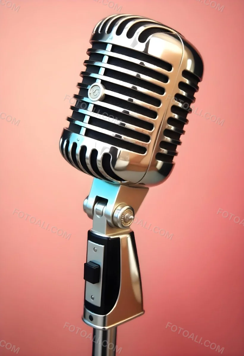 A Vintage Microphone With A Silver Finish Showcasing Its Classic Design And Intricate Details Set Against A Soft Pink Background 36 C3a6