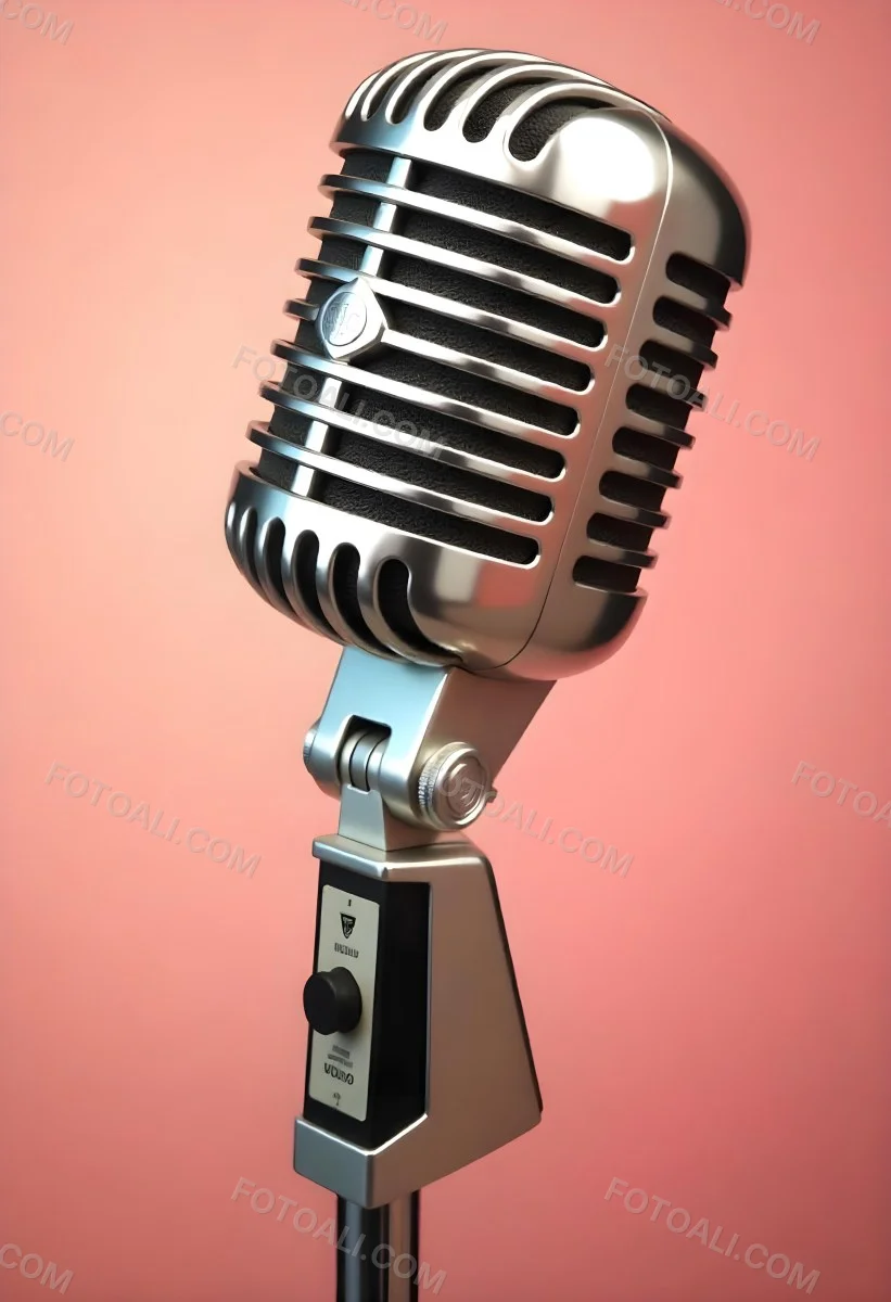 A Vintage Microphone With A Silver Finish Showcasing Its Classic Design And Intricate Details Set Against A Soft Pink Background 38 Aaa1