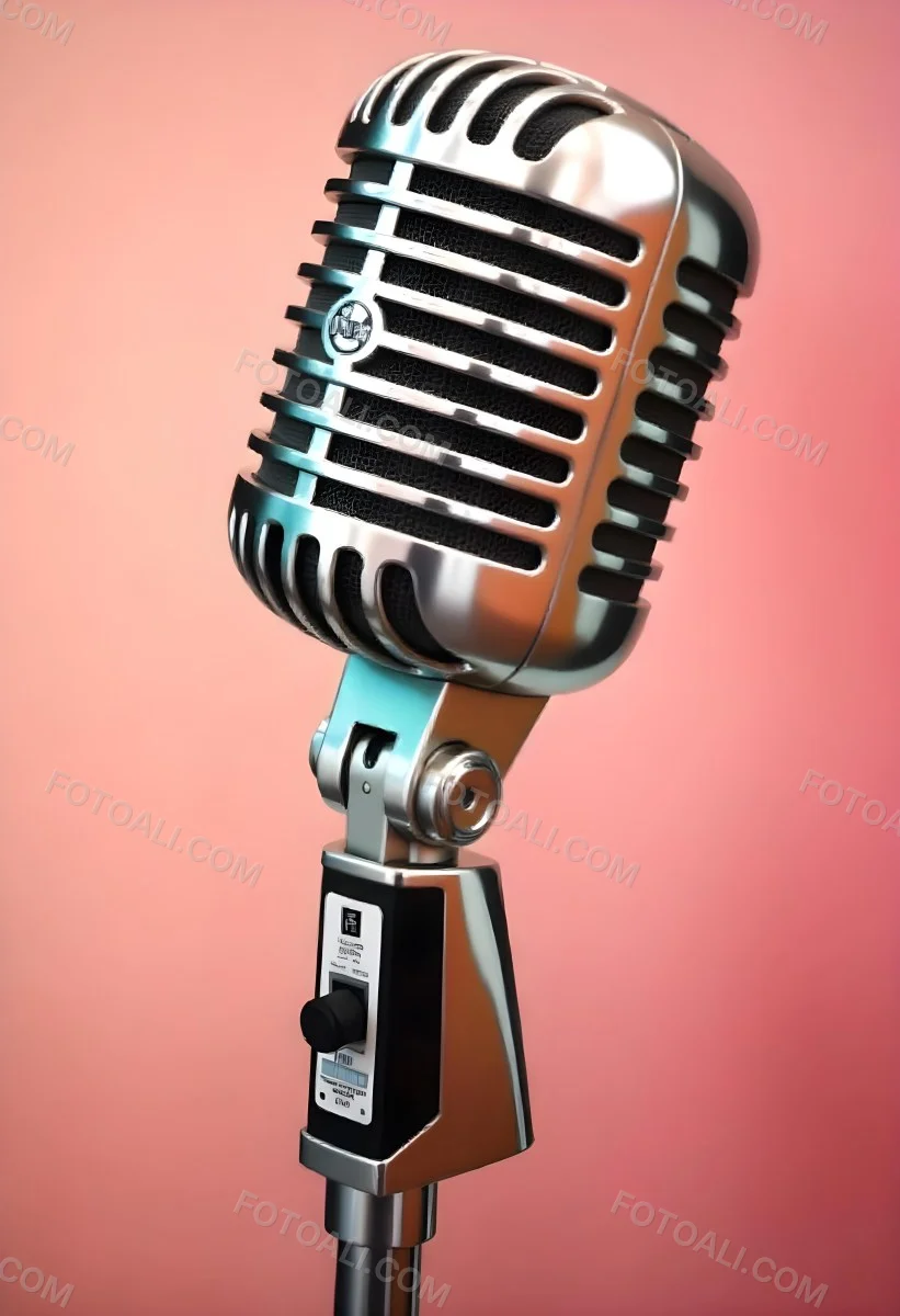 A Vintage Microphone With A Silver Finish Showcasing Its Classic Design And Intricate Details Set Against A Soft Pink Background 40 0472