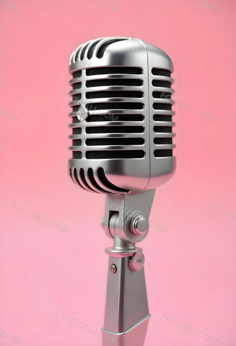 A Vintage Microphone With A Silver Finish Showcasing Its Classic Design And Intricate Details Set Against A Soft Pink Background 5 26af