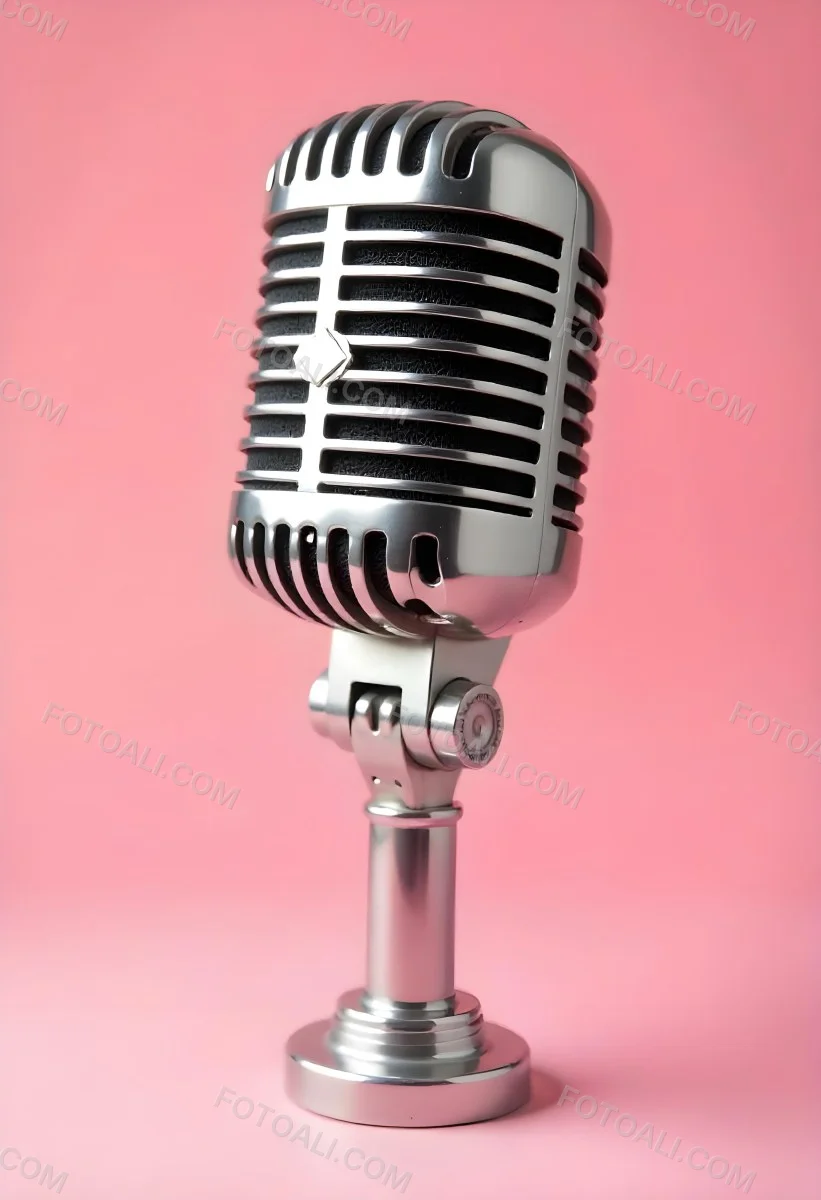 A Vintage Microphone With A Silver Finish Showcasing Its Classic Design And Intricate Details Set Against A Soft Pink Background 6 1998