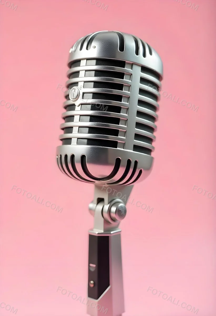 A Vintage Microphone With A Silver Finish Showcasing Its Classic Design And Intricate Details Set Against A Soft Pink Background 7 85e9