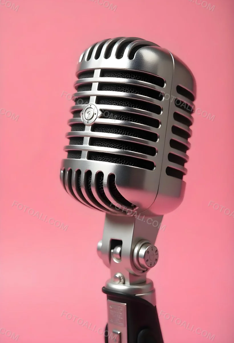 A Vintage Microphone With A Silver Finish Showcasing Its Classic Design And Intricate Details Set Against A Soft Pink Background 9 3fe9