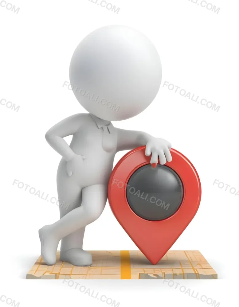 A White 3d Character Standing Next To A Large Red Map Pin Icon Suggesting A Navigation Concept In Daylight With A Cityscape 10 A537