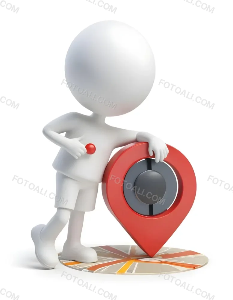 A White 3d Character Standing Next To A Large Red Map Pin Icon Suggesting A Navigation Concept In Daylight With A Cityscape 2 6a04