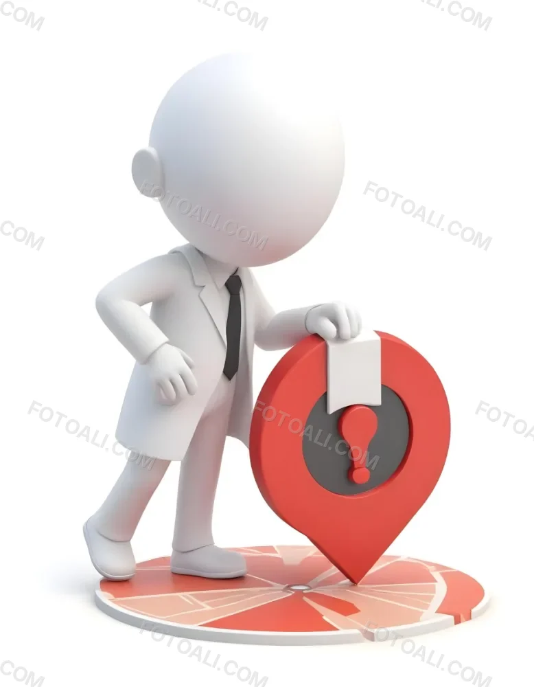 A White 3d Character Standing Next To A Large Red Map Pin Icon Suggesting A Navigation Concept In Daylight With A Cityscape 3 3beb