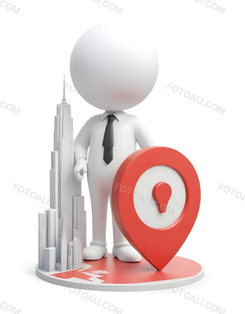 A White 3d Character Standing Next To A Large Red Map Pin Icon Suggesting A Navigation Concept In Daylight With A Cityscape 4 45d6