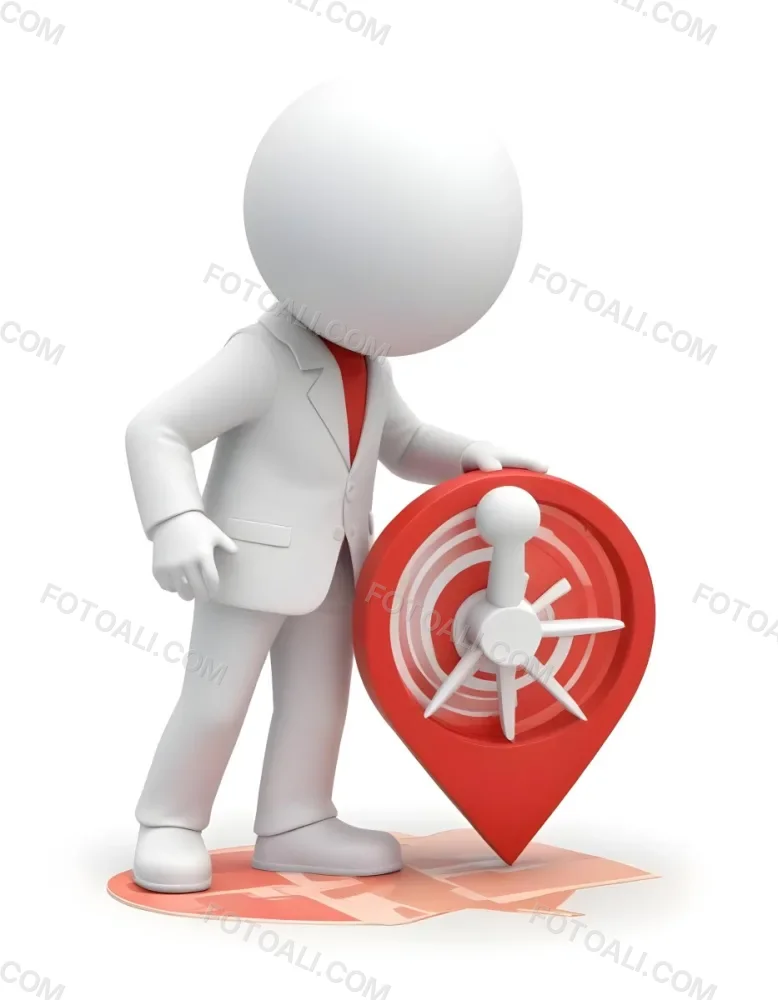 A White 3d Character Standing Next To A Large Red Map Pin Icon Suggesting A Navigation Concept In Daylight With A Cityscape 6 5da1