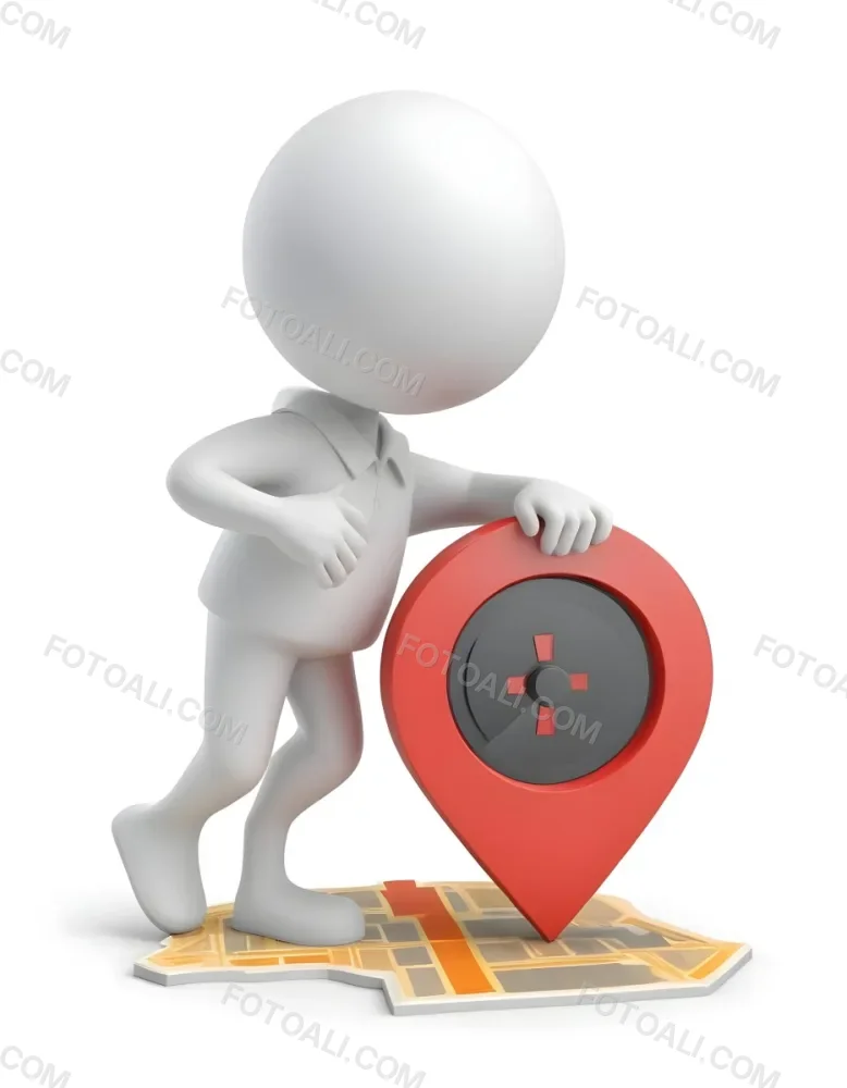 A White 3d Character Standing Next To A Large Red Map Pin Icon Suggesting A Navigation Concept In Daylight With A Cityscape 7 Adee
