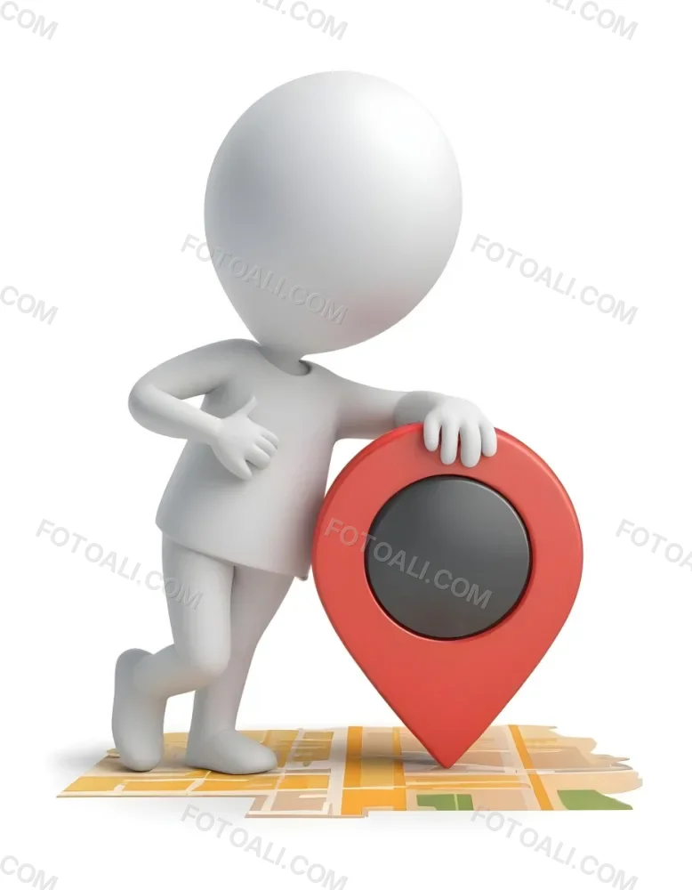A White 3d Character Standing Next To A Large Red Map Pin Icon Suggesting A Navigation Concept In Daylight With A Cityscape 9 Fb74