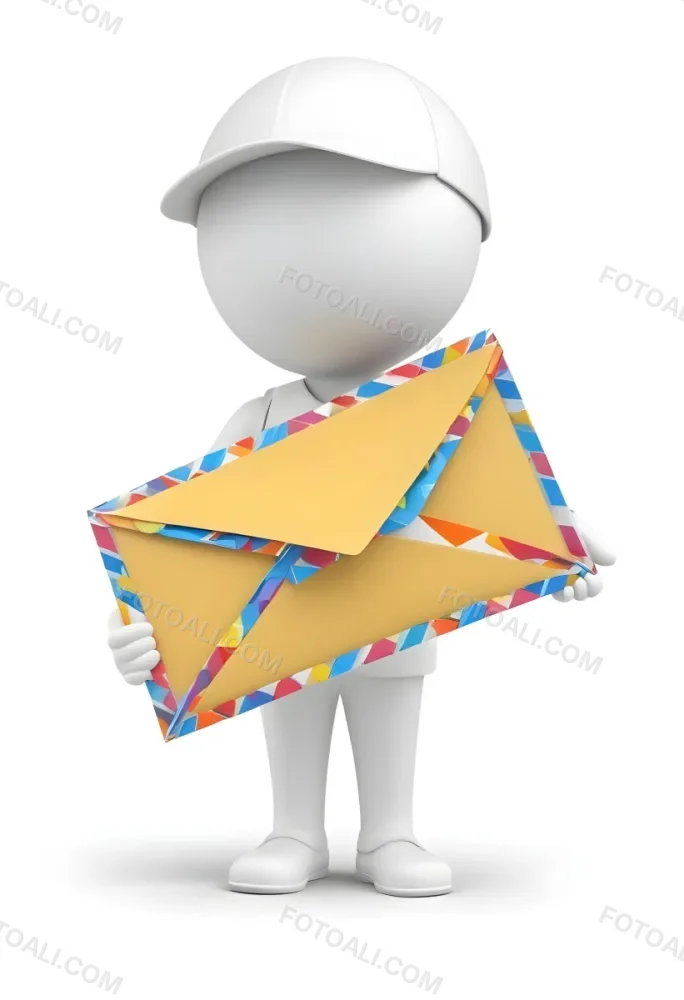 A White 3d Figure Holding An Airmail Envelope With A Colorful Border 13 B0ce
