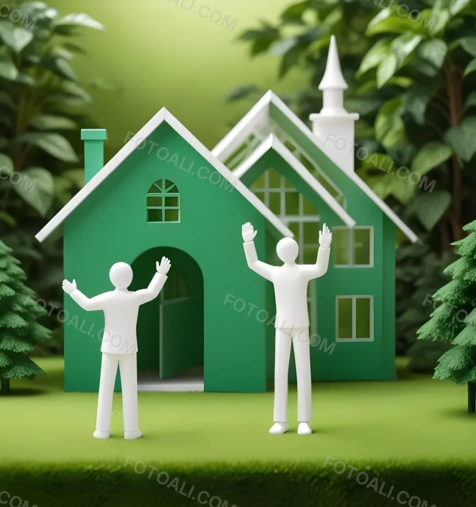 A White 3d Figure Waving Next To A Green House Icon Representing Real Estate 1 Fac3