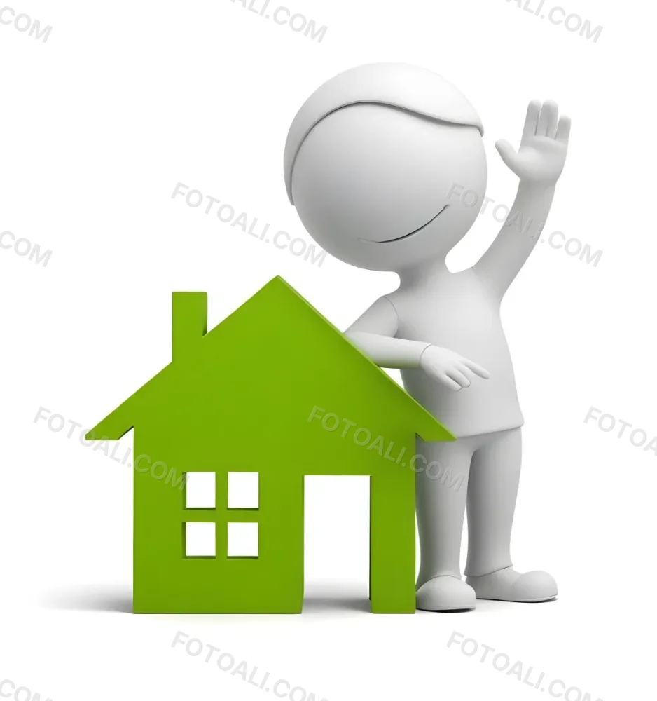 A White 3d Figure Waving Next To A Green House Icon Representing Real Estate 10 0cd7