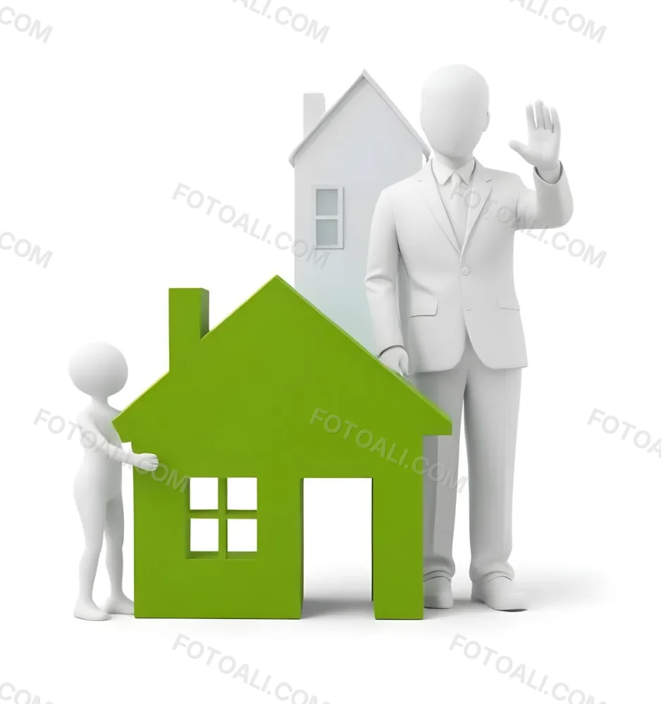 A White 3d Figure Waving Next To A Green House Icon Representing Real Estate 11 7c40
