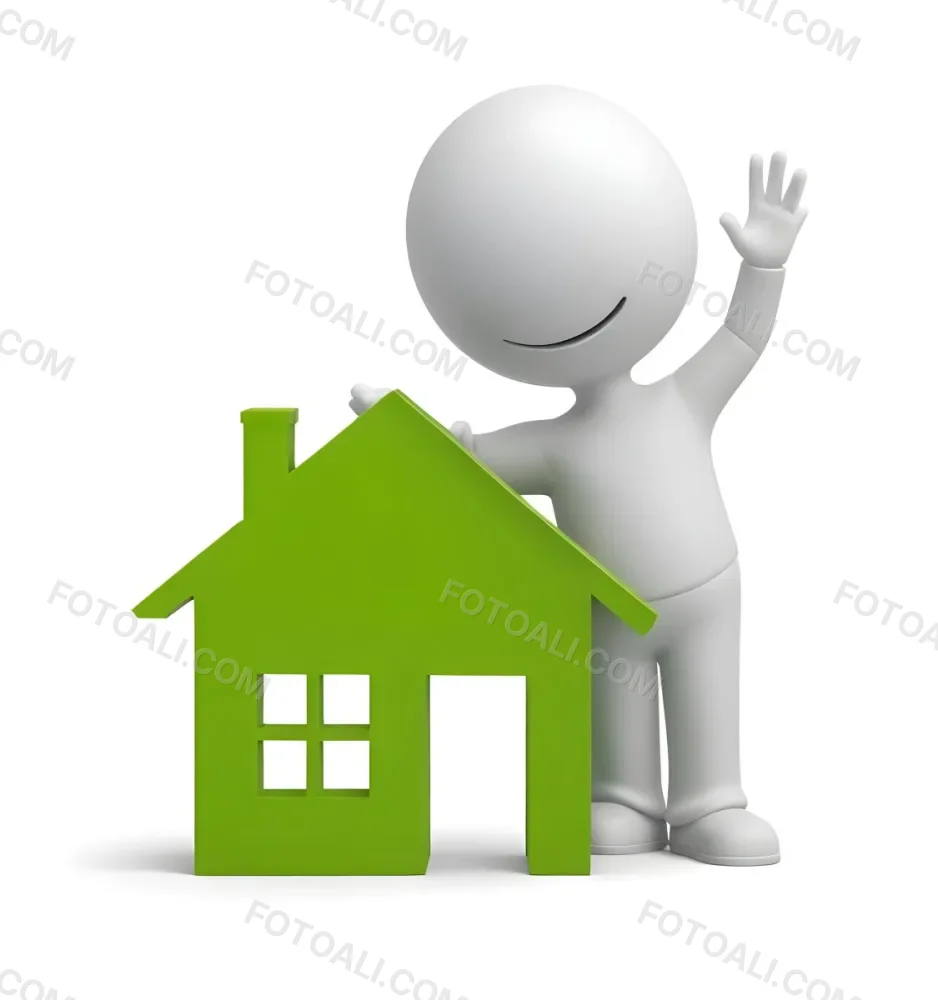 A White 3d Figure Waving Next To A Green House Icon Representing Real Estate 2 4119