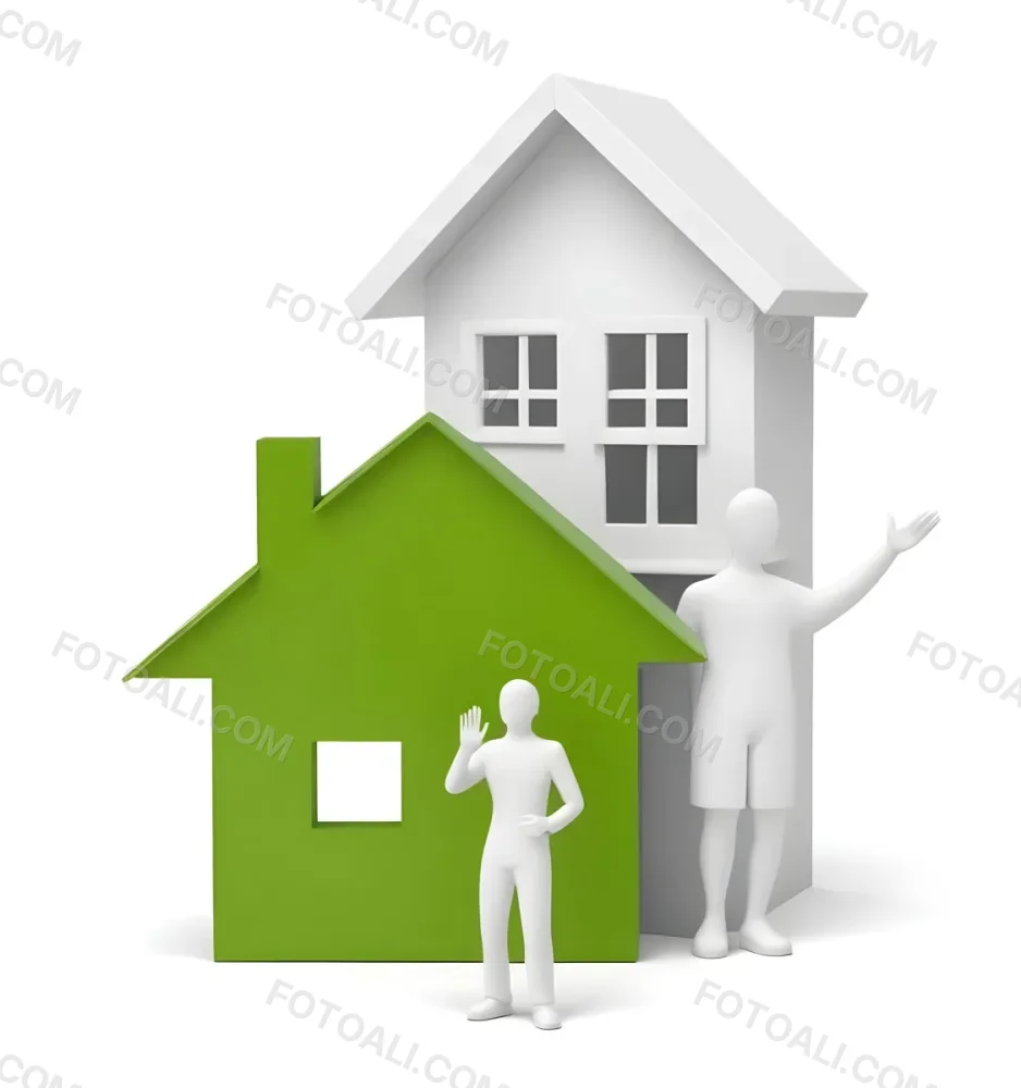 A White 3d Figure Waving Next To A Green House Icon Representing Real Estate 3 98e1