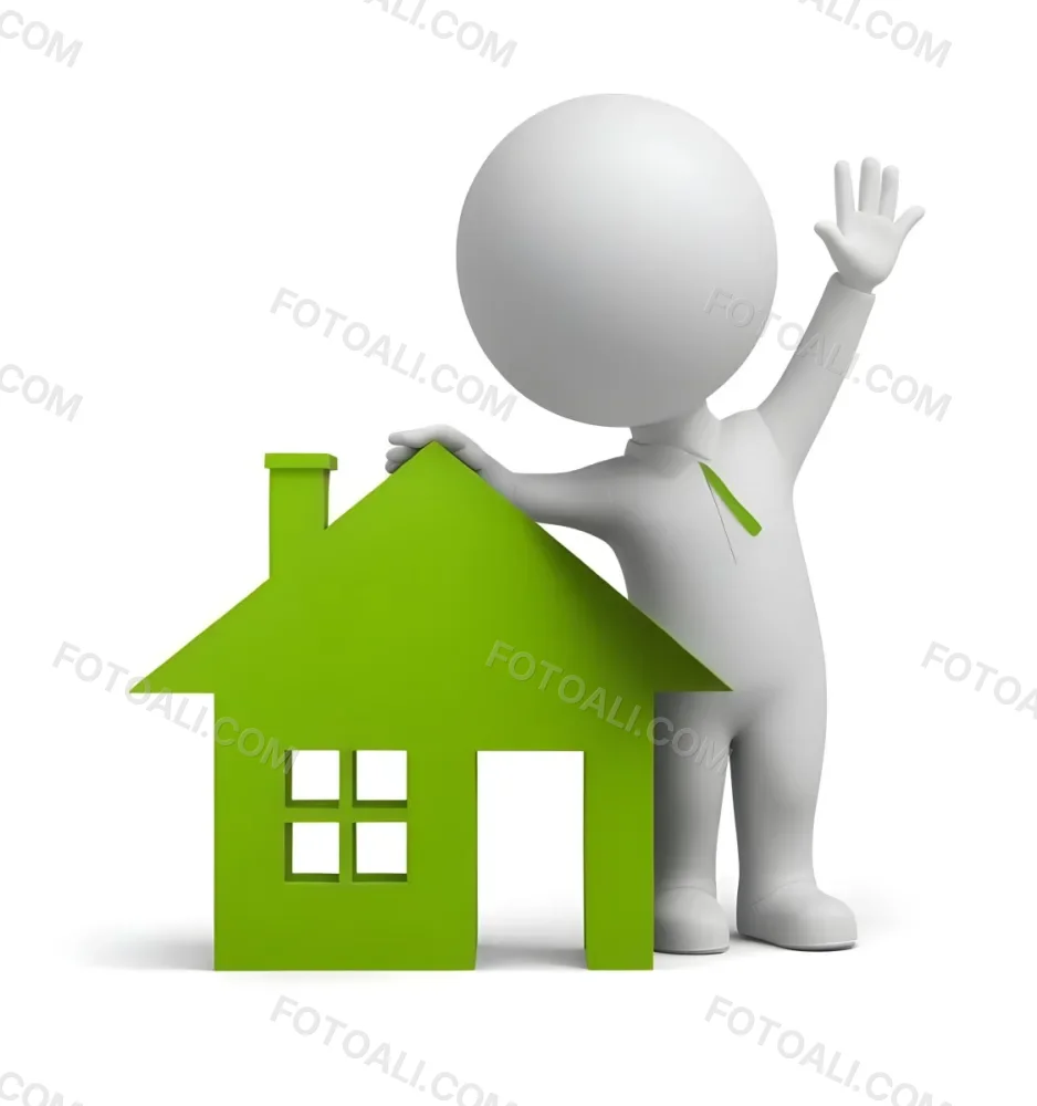 A White 3d Figure Waving Next To A Green House Icon Representing Real Estate 5 9f09
