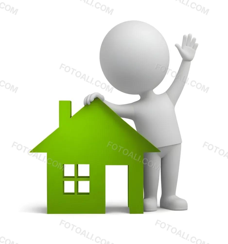A White 3d Figure Waving Next To A Green House Icon Representing Real Estate 6 882c