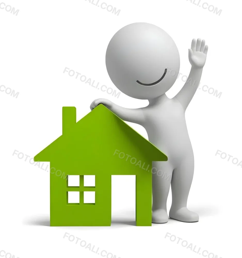 A White 3d Figure Waving Next To A Green House Icon Representing Real Estate 7 B22d