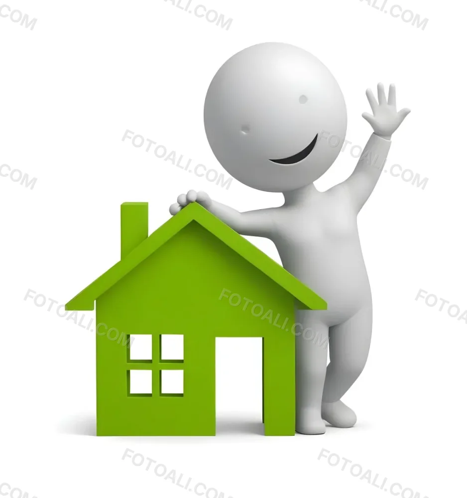 A White 3d Figure Waving Next To A Green House Icon Representing Real Estate 8 3358
