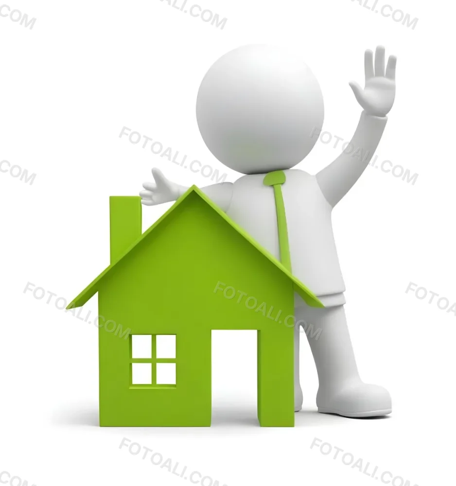 A White 3d Figure Waving Next To A Green House Icon Representing Real Estate 9 7dae