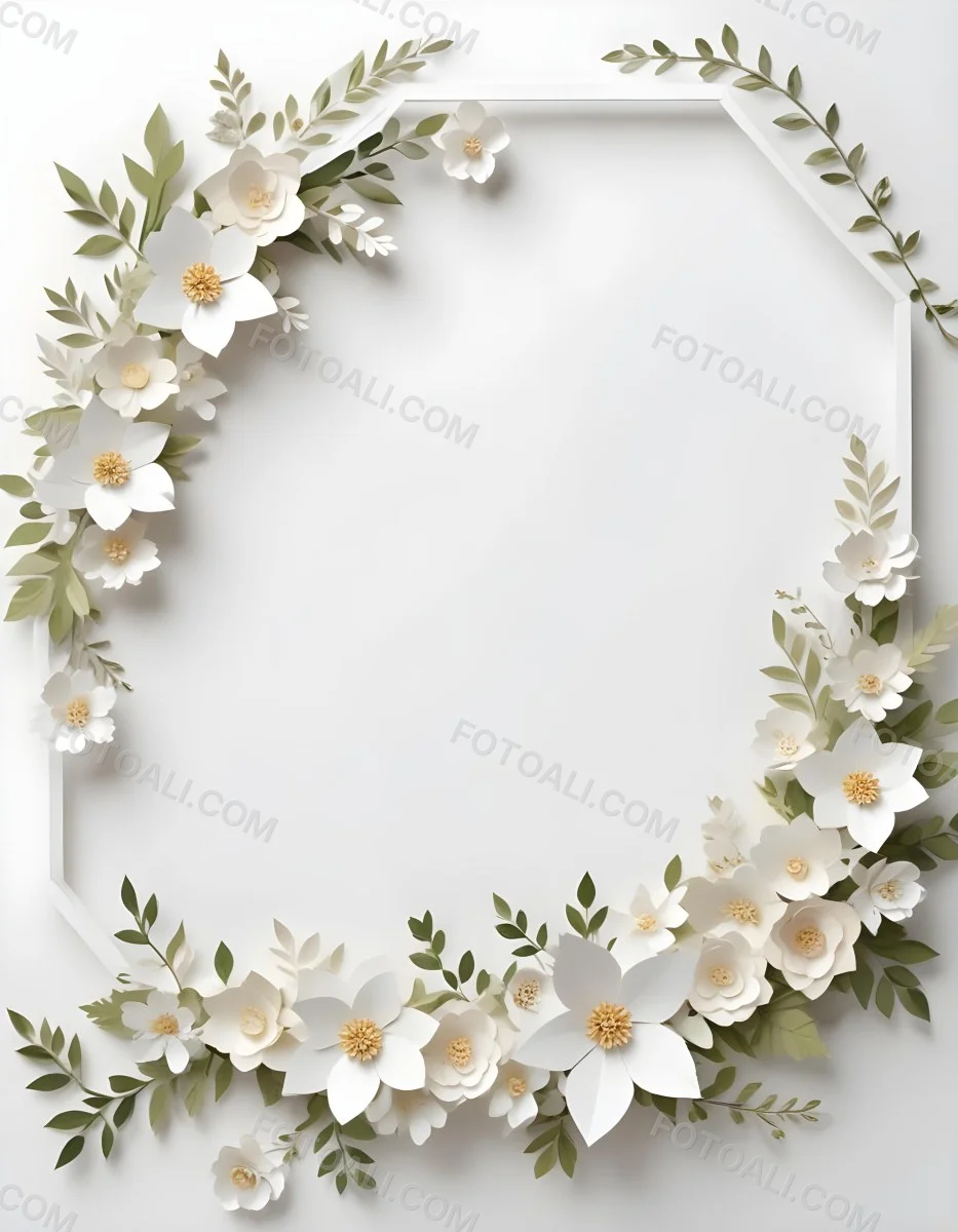 A White And Gold Ornate Frame With Floral Decorations Including White Flowers And Green Leaves Against A Light Blue Background 110 34fa