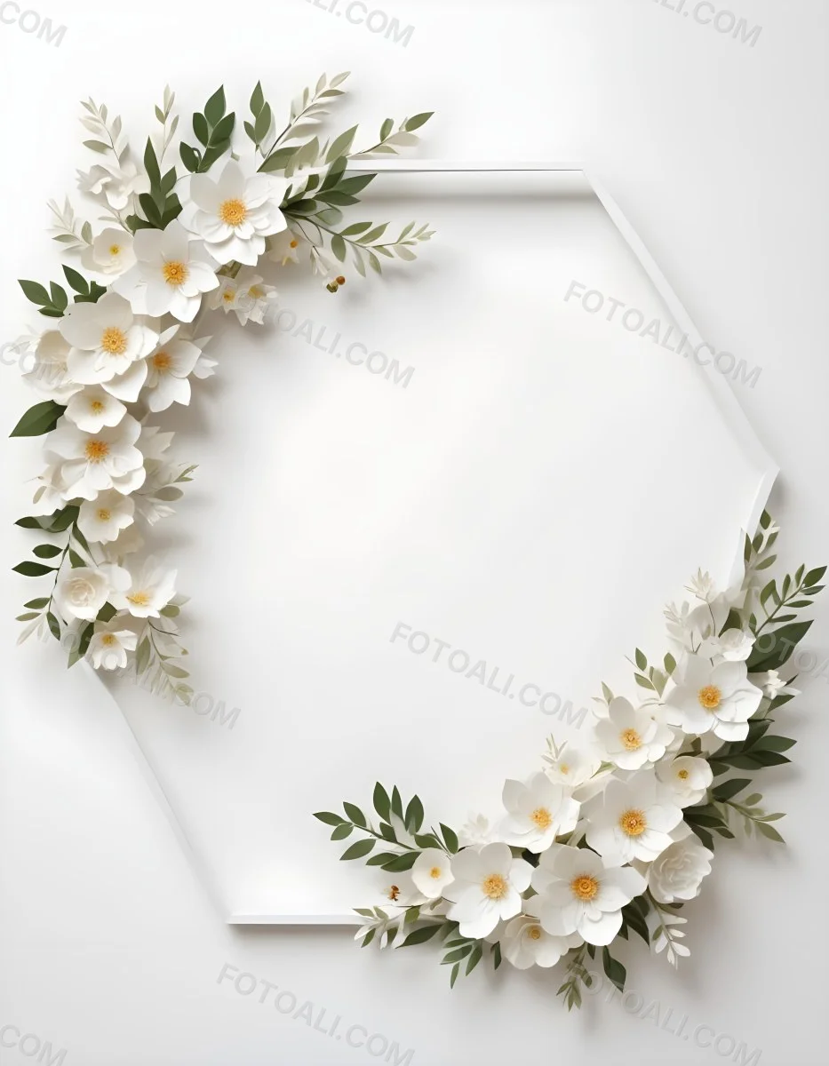 A White And Gold Ornate Frame With Floral Decorations Including White Flowers And Green Leaves Against A Light Blue Background 116 2b74
