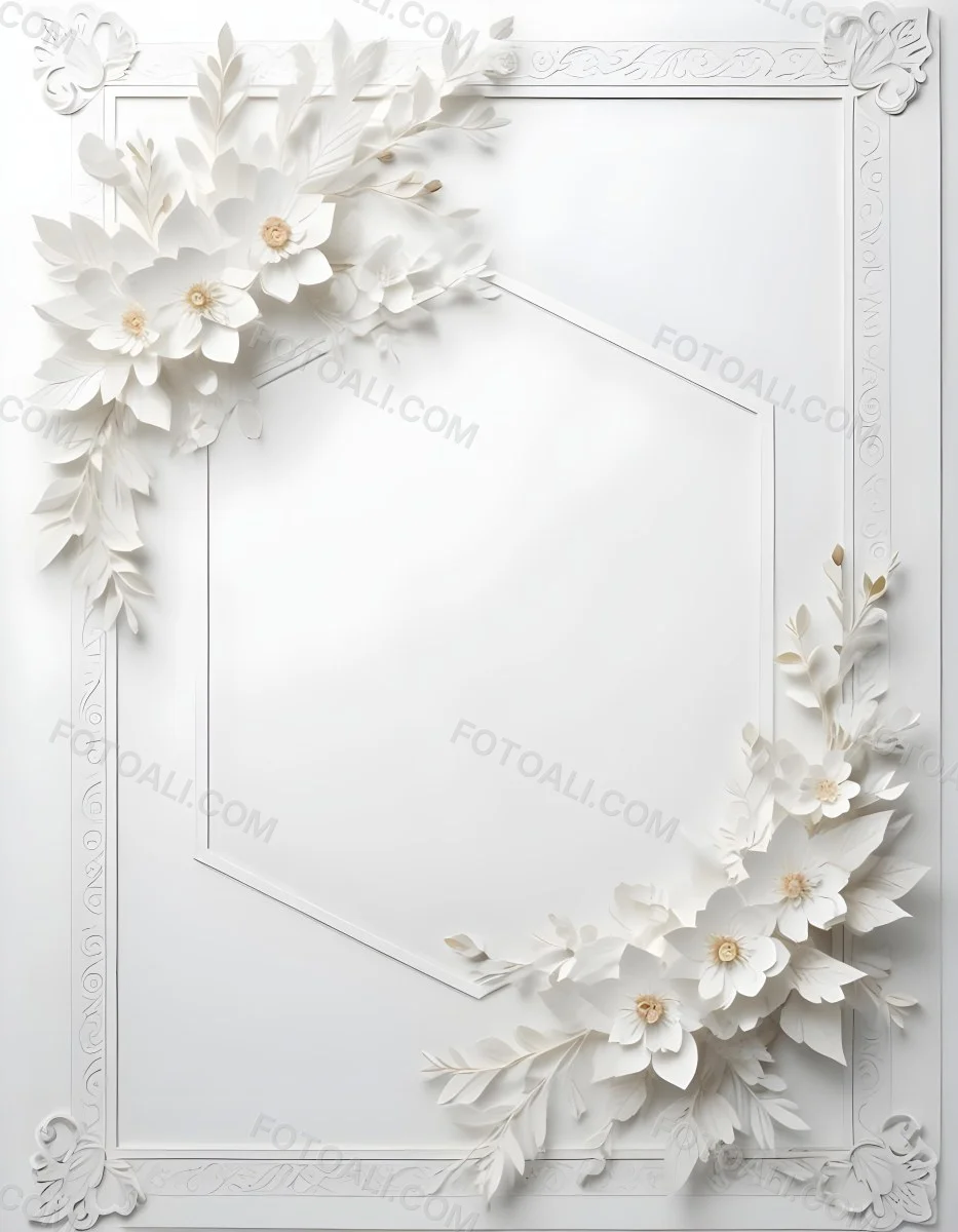 A White And Gold Ornate Frame With Floral Decorations Including White Flowers And Green Leaves Against A Light Blue Background 123 1df4