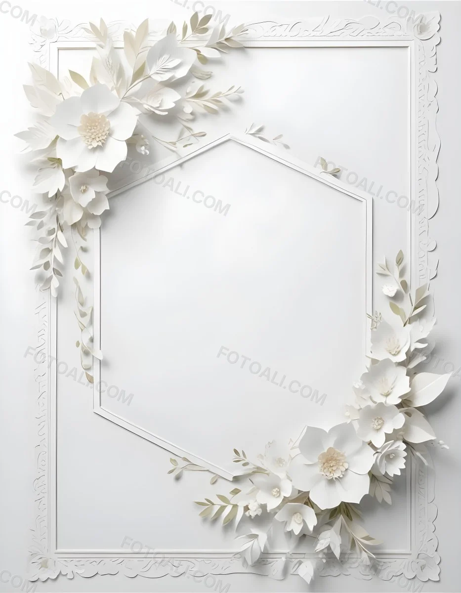 A White And Gold Ornate Frame With Floral Decorations Including White Flowers And Green Leaves Against A Light Blue Background 127 F07a