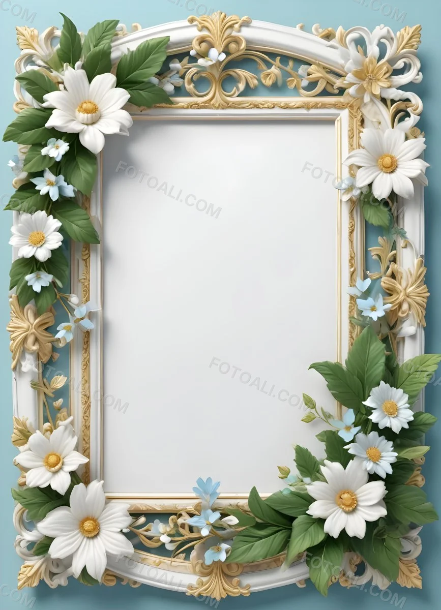 A White And Gold Ornate Frame With Floral Decorations Including White Flowers And Green Leaves Against A Light Blue Background 16 Ce79