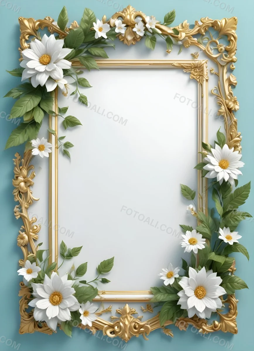 A White And Gold Ornate Frame With Floral Decorations Including White Flowers And Green Leaves Against A Light Blue Background 2 750f