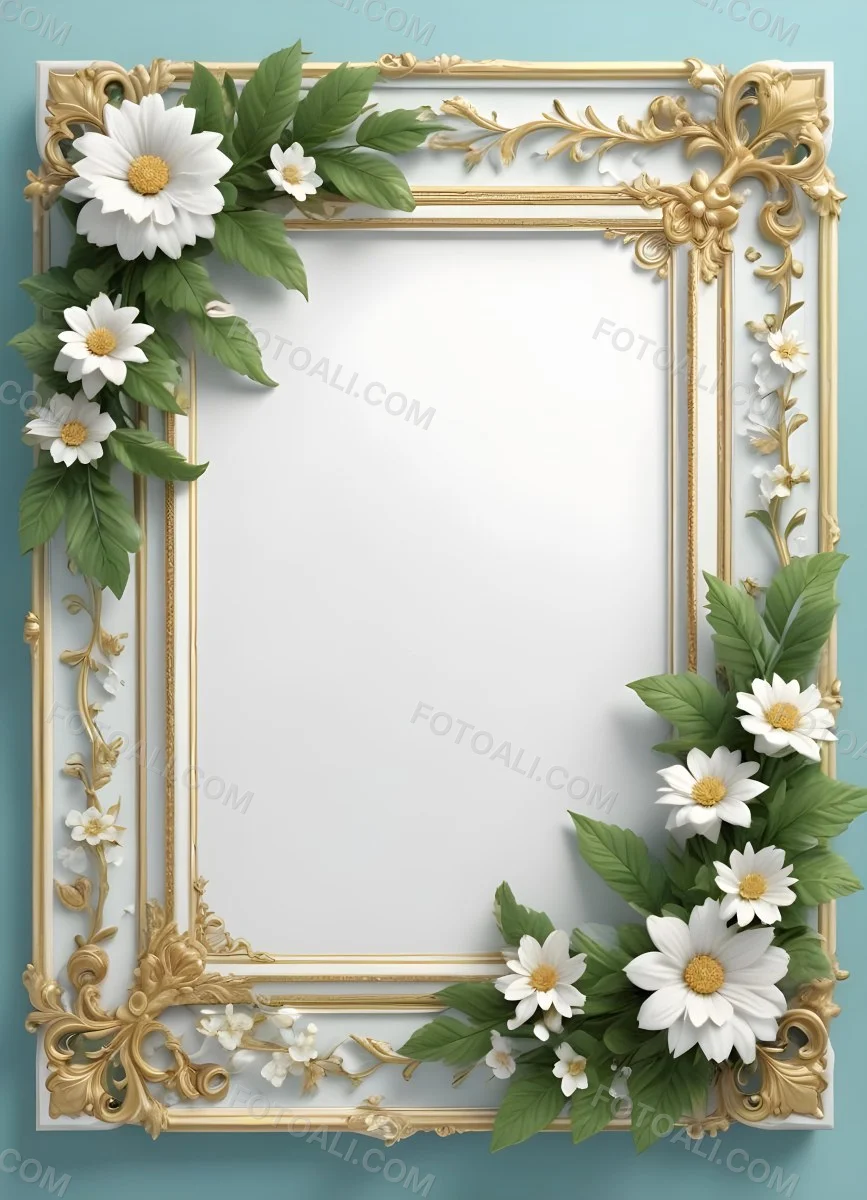 A White And Gold Ornate Frame With Floral Decorations Including White Flowers And Green Leaves Against A Light Blue Background 22 C918