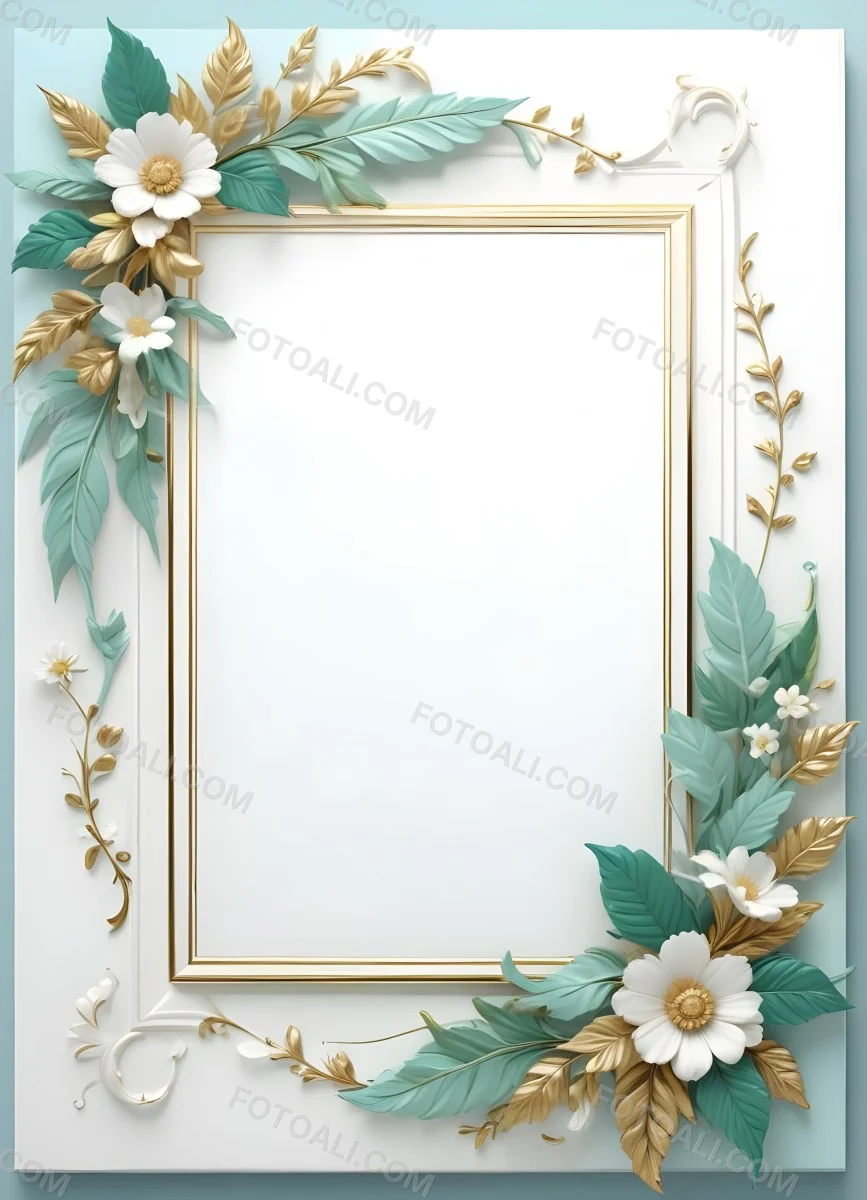 A White And Gold Ornate Frame With Floral Decorations Including White Flowers And Green Leaves Against A Light Blue Background 23 F2ee