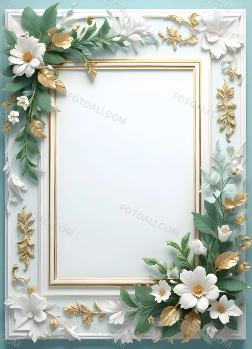 A White And Gold Ornate Frame With Floral Decorations Including White Flowers And Green Leaves Against A Light Blue Background 32 7773