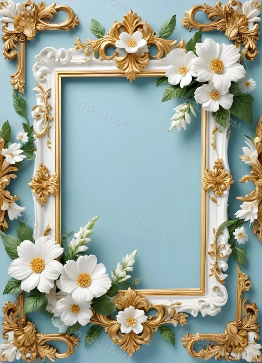 A White And Gold Ornate Frame With Floral Decorations Including White Flowers And Green Leaves Against A Light Blue Background 46 C1f6
