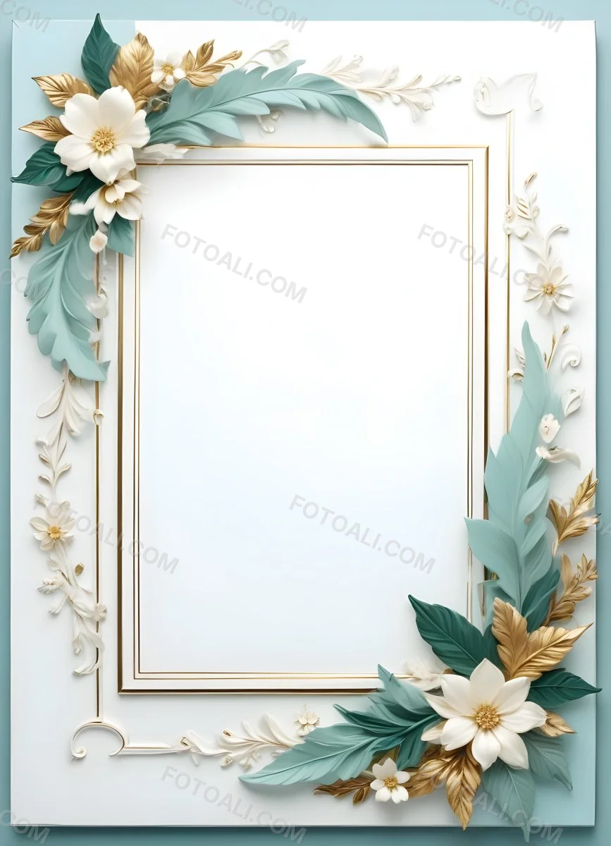 A White And Gold Ornate Frame With Floral Decorations Including White Flowers And Green Leaves Against A Light Blue Background 52 C3cb