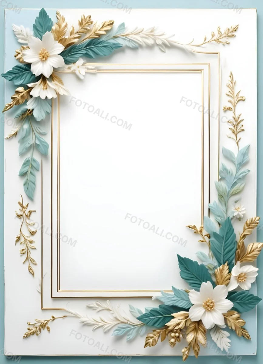 A White And Gold Ornate Frame With Floral Decorations Including White Flowers And Green Leaves Against A Light Blue Background 61 89ac
