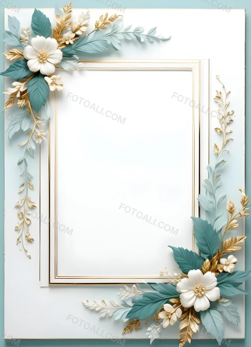 A White And Gold Ornate Frame With Floral Decorations Including White Flowers And Green Leaves Against A Light Blue Background 64 54ab