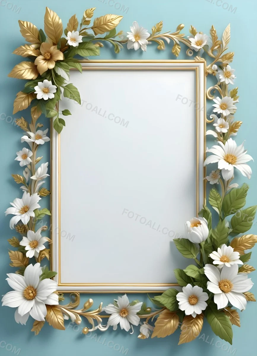 A White And Gold Ornate Frame With Floral Decorations Including White Flowers And Green Leaves Against A Light Blue Background 7 2daf