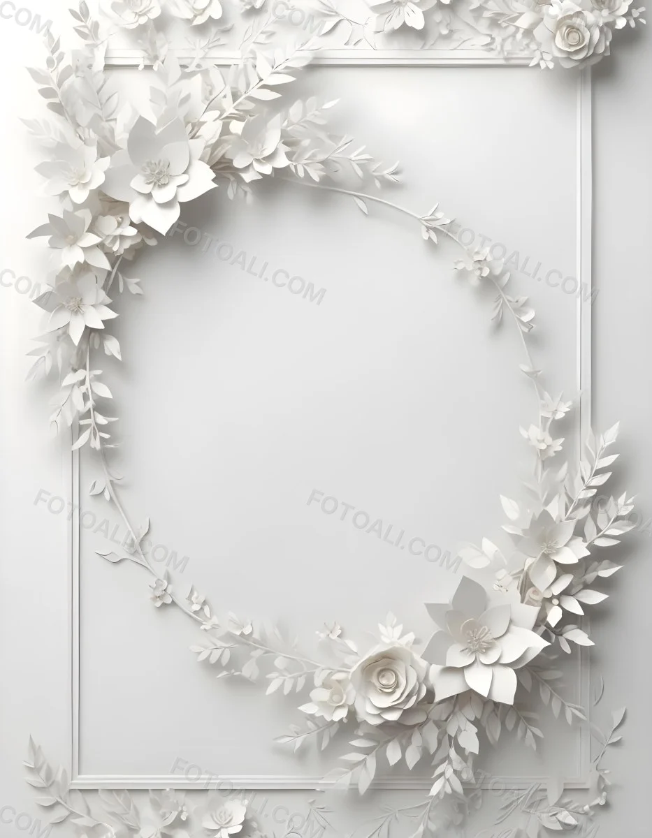 A White And Gold Ornate Frame With Floral Decorations Including White Flowers And Green Leaves Against A Light Blue Background 77 427d