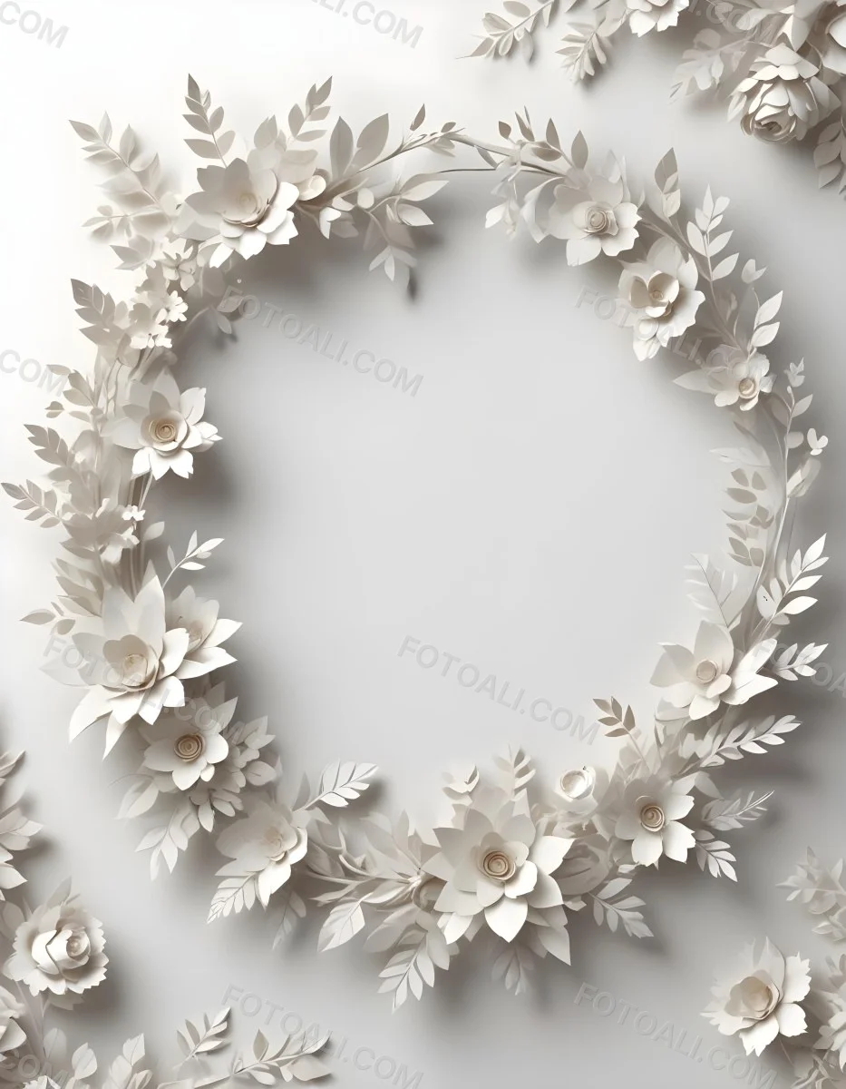A White And Gold Ornate Frame With Floral Decorations Including White Flowers And Green Leaves Against A Light Blue Background 79 0903