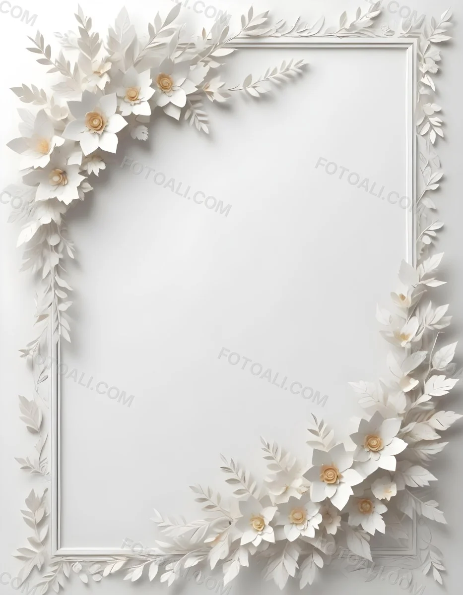 A White And Gold Ornate Frame With Floral Decorations Including White Flowers And Green Leaves Against A Light Blue Background 81 2c0f