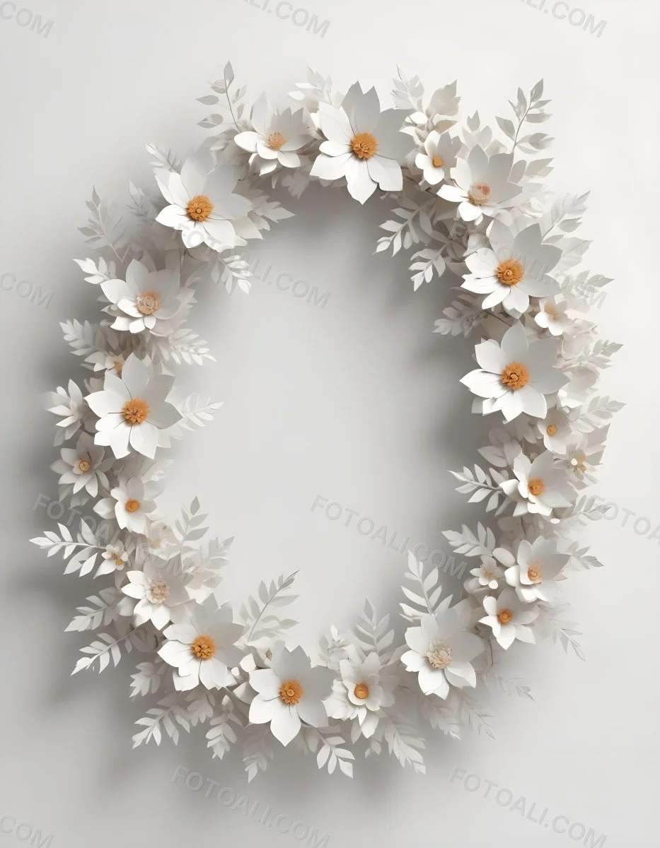 A White And Gold Ornate Frame With Floral Decorations Including White Flowers And Green Leaves Against A Light Blue Background 82 F29c