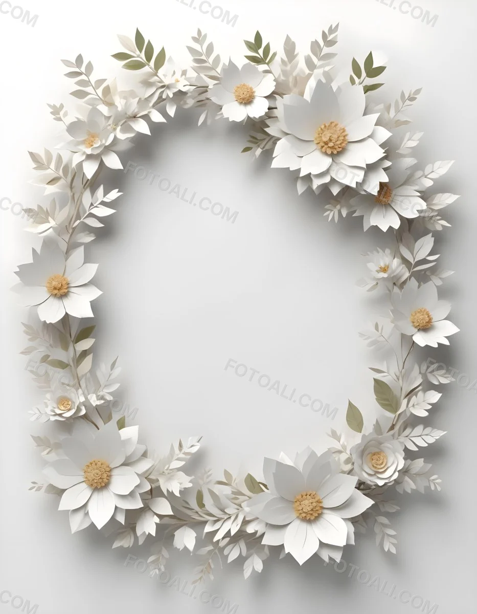A White And Gold Ornate Frame With Floral Decorations Including White Flowers And Green Leaves Against A Light Blue Background 86 C624