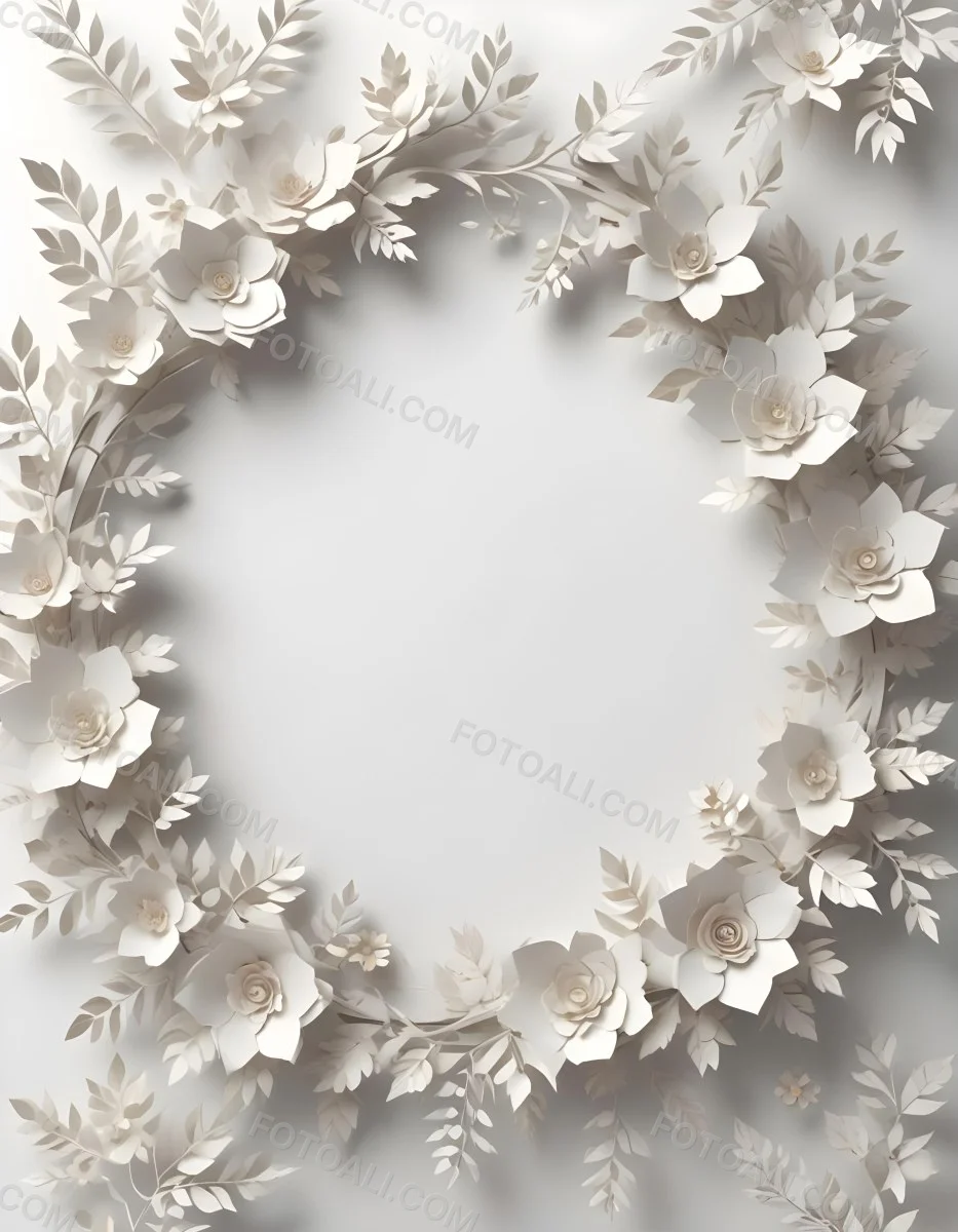 A White And Gold Ornate Frame With Floral Decorations Including White Flowers And Green Leaves Against A Light Blue Background 88 96b7