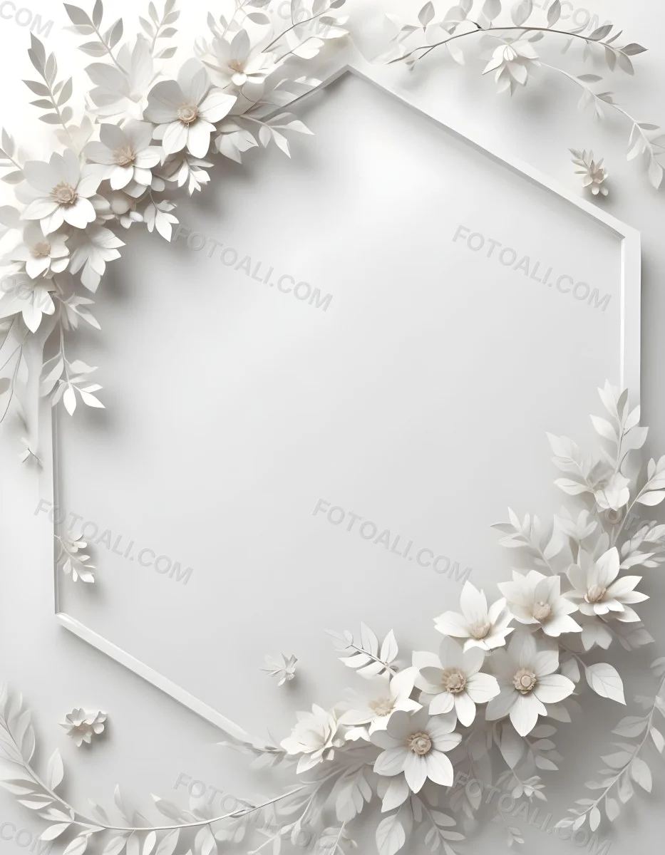 A White And Gold Ornate Frame With Floral Decorations Including White Flowers And Green Leaves Against A Light Blue Background 89 7af2