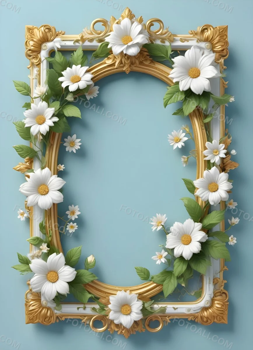 A White And Gold Ornate Frame With Floral Decorations Including White Flowers And Green Leaves Against A Light Blue Background 9 6550