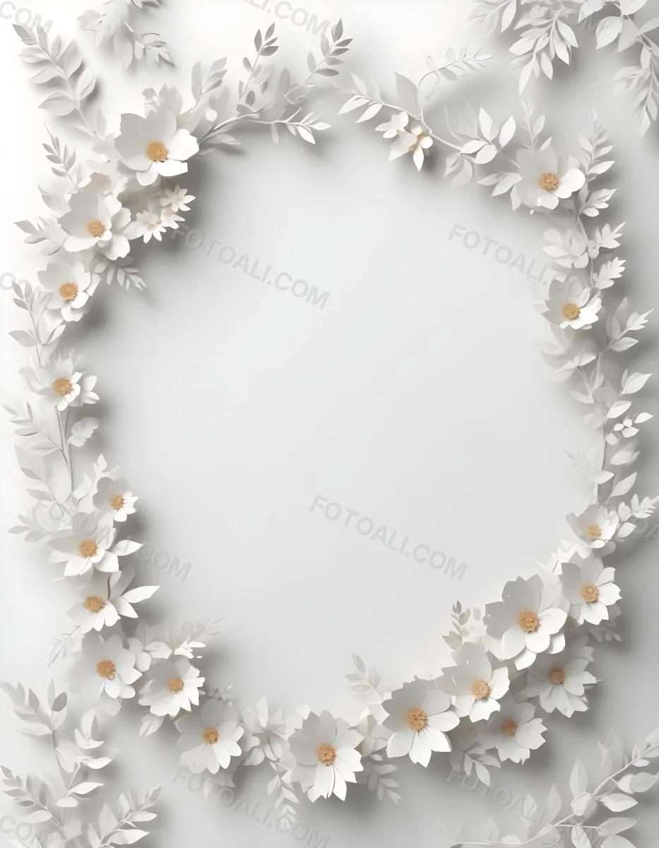 A White And Gold Ornate Frame With Floral Decorations Including White Flowers And Green Leaves Against A Light Blue Background 90 A61c